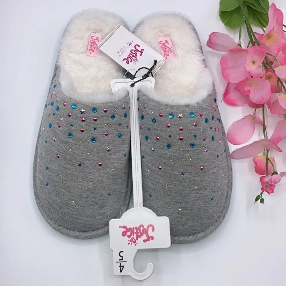 Justice Girls Graphic Slip On Sparkling Scuff Slippers Shoes Size 4/5